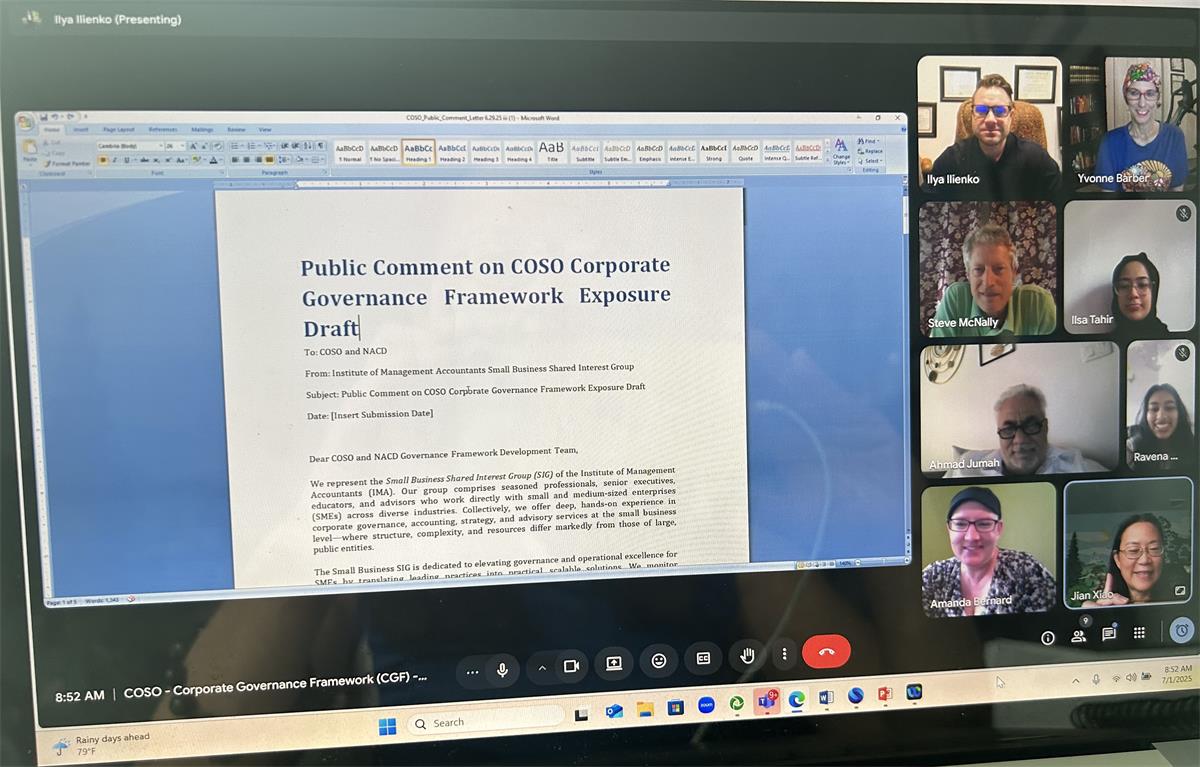 IMA Small Business SIG and QC Student Chapter working together on our comment letter submission for the COSO CGF exposure draft